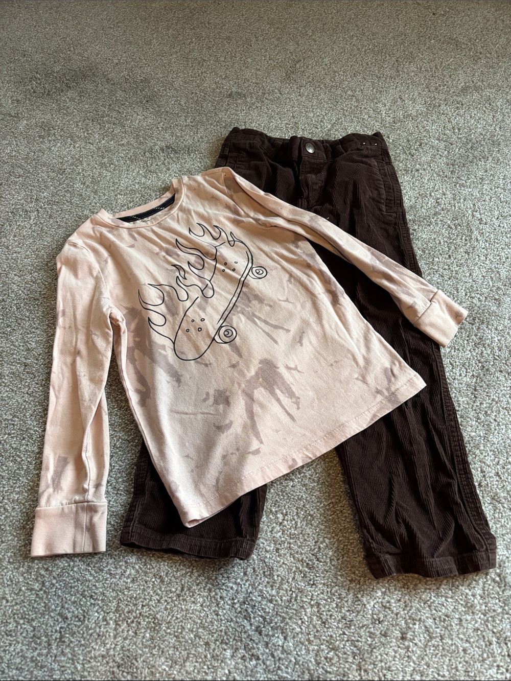 Kids Long-Sleeve Skateboard Graphic Tee and Brown Corduroy Pants bundle
